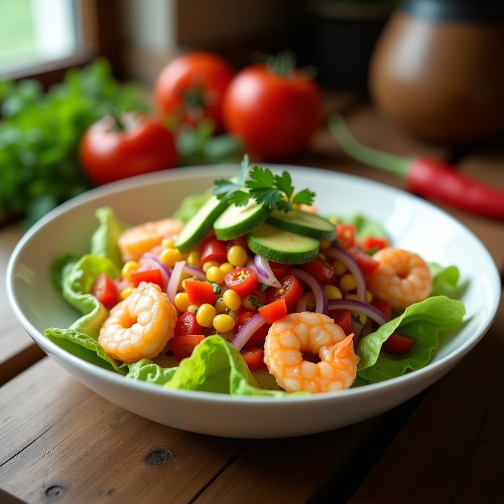 Plato hondo de cerámica blanca con ensalada de ceviche peruano: camarones rosados cocinados en airfryer, cebolla morada, tomate, pimiento amarillo, maíz y aguacate en láminas, bañados en aderezo cítrico de limón y ají amarillo, sobre lecho de lechuga romana, decorado con cilantro fresco.