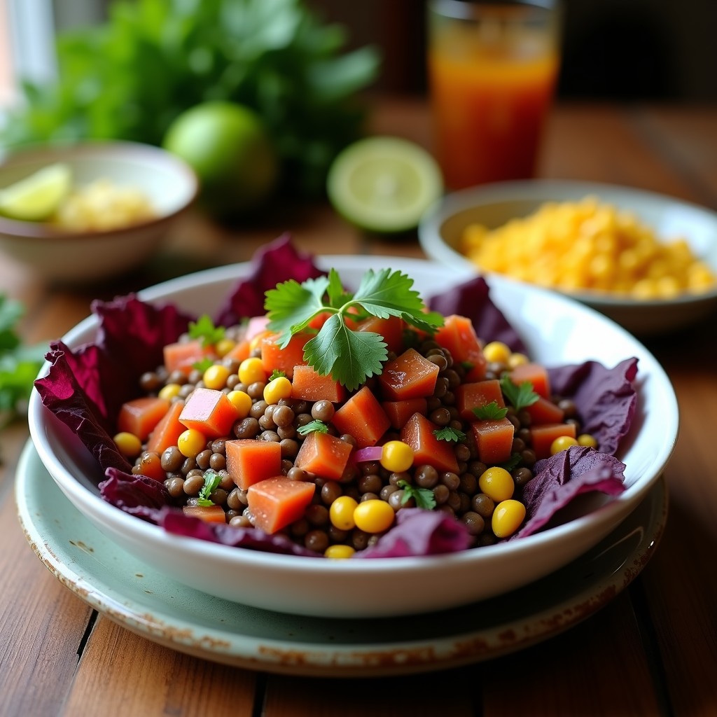 Plato hondo de cerámica blanca con ensalada de ceviche peruano con lentejas, camote morado, maíz y cebolla roja, decorado con hojas de lechuga morada y culantro fresco.