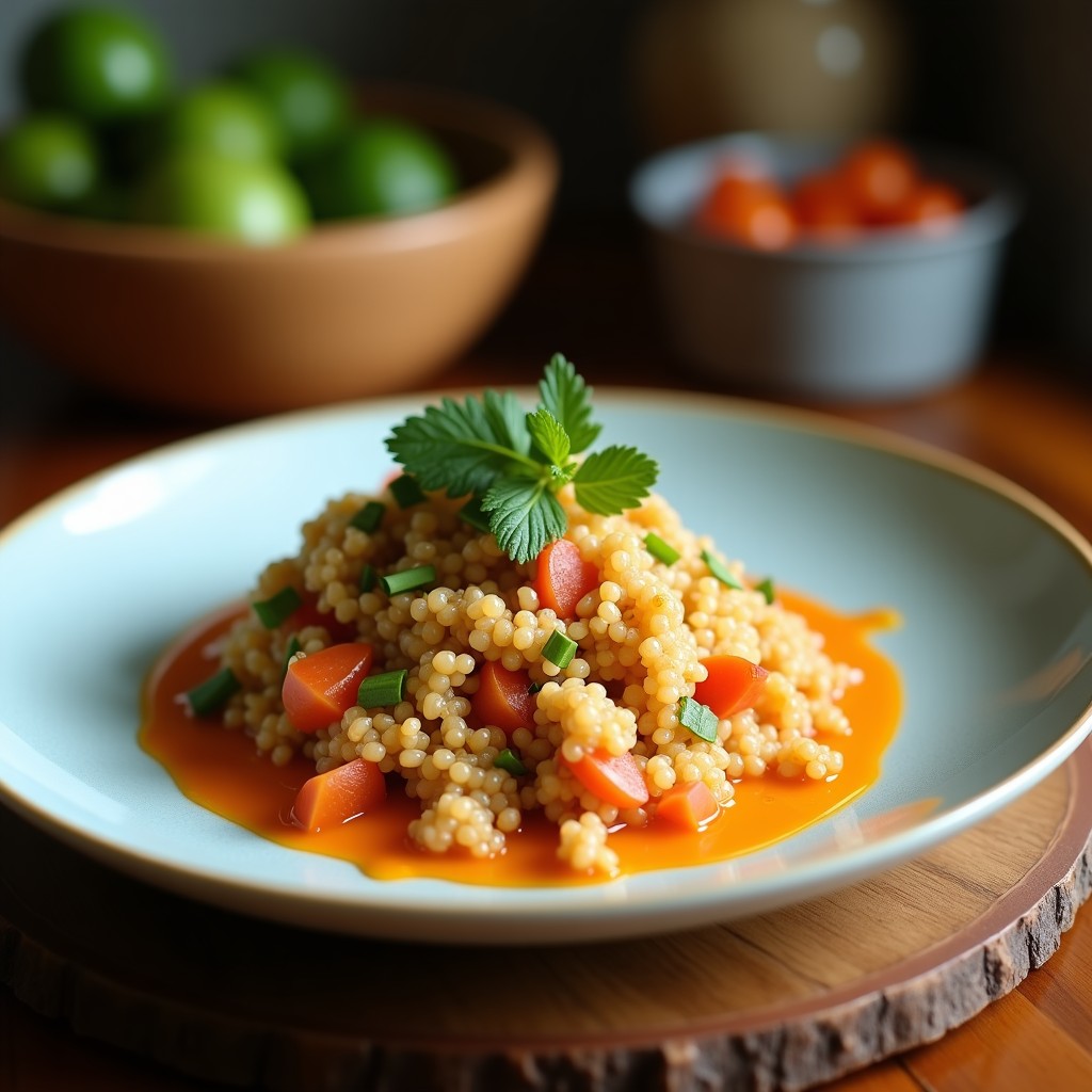 Ensalada fresca de ceviche peruano con quinoa, salmón marinado en limón, cebolla morada, tomate y cilantro, servida en bol de cerámica blanca sobre fondo rústico.