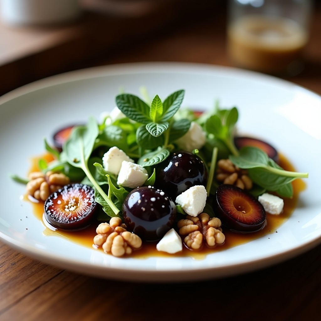 Plato blanco ovalado con ensalada de ciruelas negras caramelizadas, queso de cabra desmenuzado, nueces tostadas y brotes tiernos, bañado en vinagreta dorada y decorado con hojas de menta.