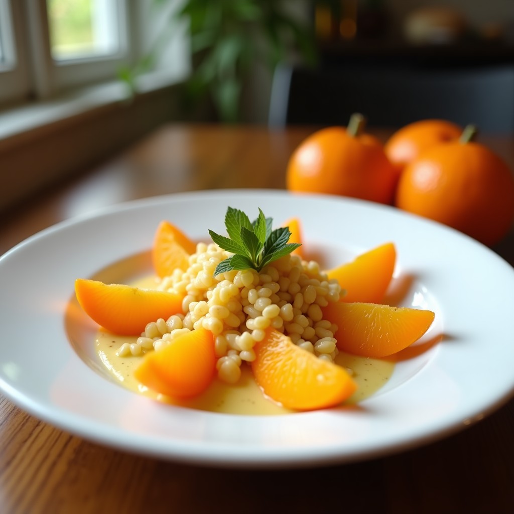 Plato blanco hondo con ensalada cítrica de gajos de naranja sanguina, pomelo rosa y semillas de granada, decorada con hojas de menta y semillas de chía, con aliño brillante.