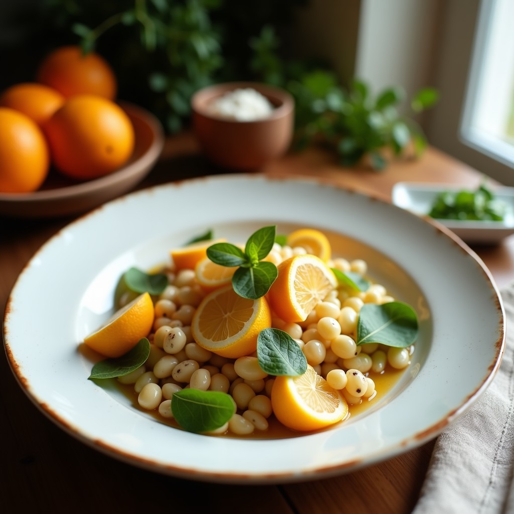 Ensalada fresca de rodajas de naranja sanguina, pomelo rojo y semillas de granada, decorada con hojas de menta y hinojo, con un aliño brillante de aceite de oliva y miel.