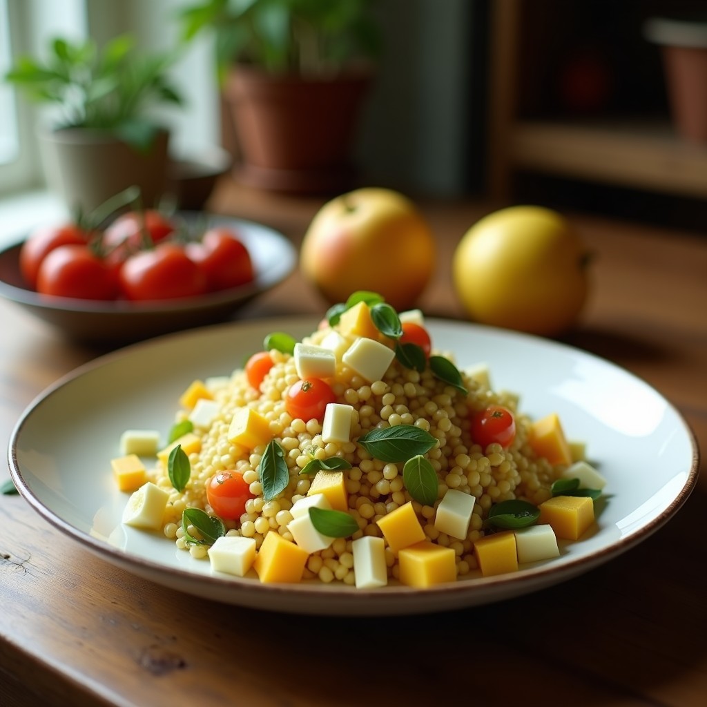 Ensalada vibrante de col rizada morada y verde en tiras finas, mezclada con cubos de manzana verde, trozos de queso de albaricoque cremoso y almendras tostadas. El plato está coronado con semillas de chía y bañado en un aderezo dorado de mostaza y miel. Servida en un bol de cerámica blanca sobre una mesa de madera rústica, con luz natural que resalta los colores frescos y texturas crujientes.