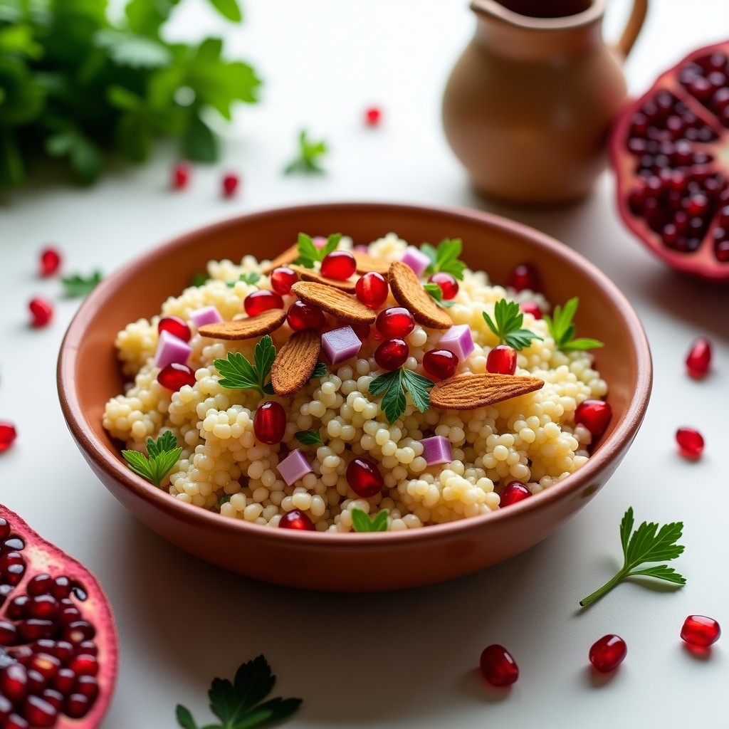 Ensalada de couscous de coliflor con granos rojos de granado, perejil fresco y almendras fileteadas, servida en un bol de barro con vinagreta de granado. Receta marroquí sin gluten, fresca y colorida.