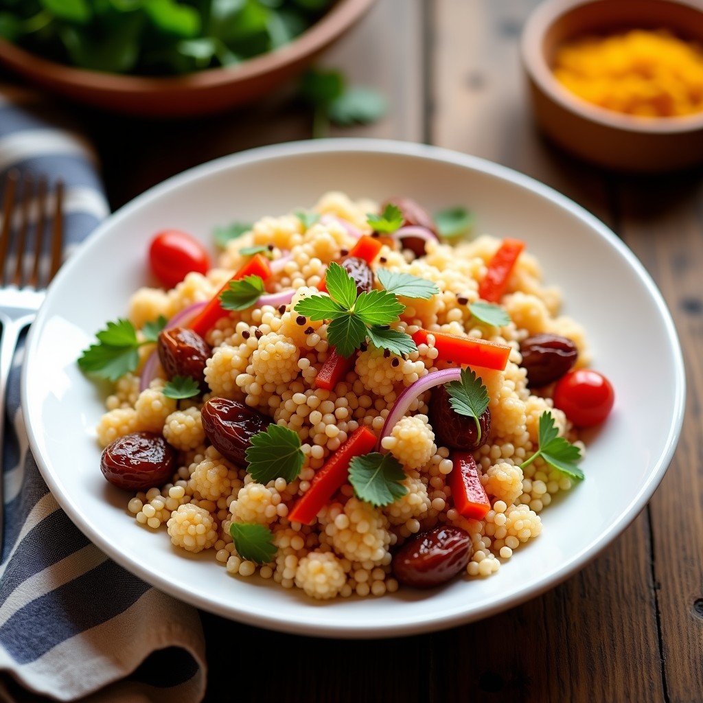 Ensalada de couscous con dátiles caramelizados y almendras tostadas, decorada con menta fresca y trozos de limón confitado. Plato colorido y vibrante con tonos dorados, morados y verdes, típico de la cocina marroquí dulce y salada.
