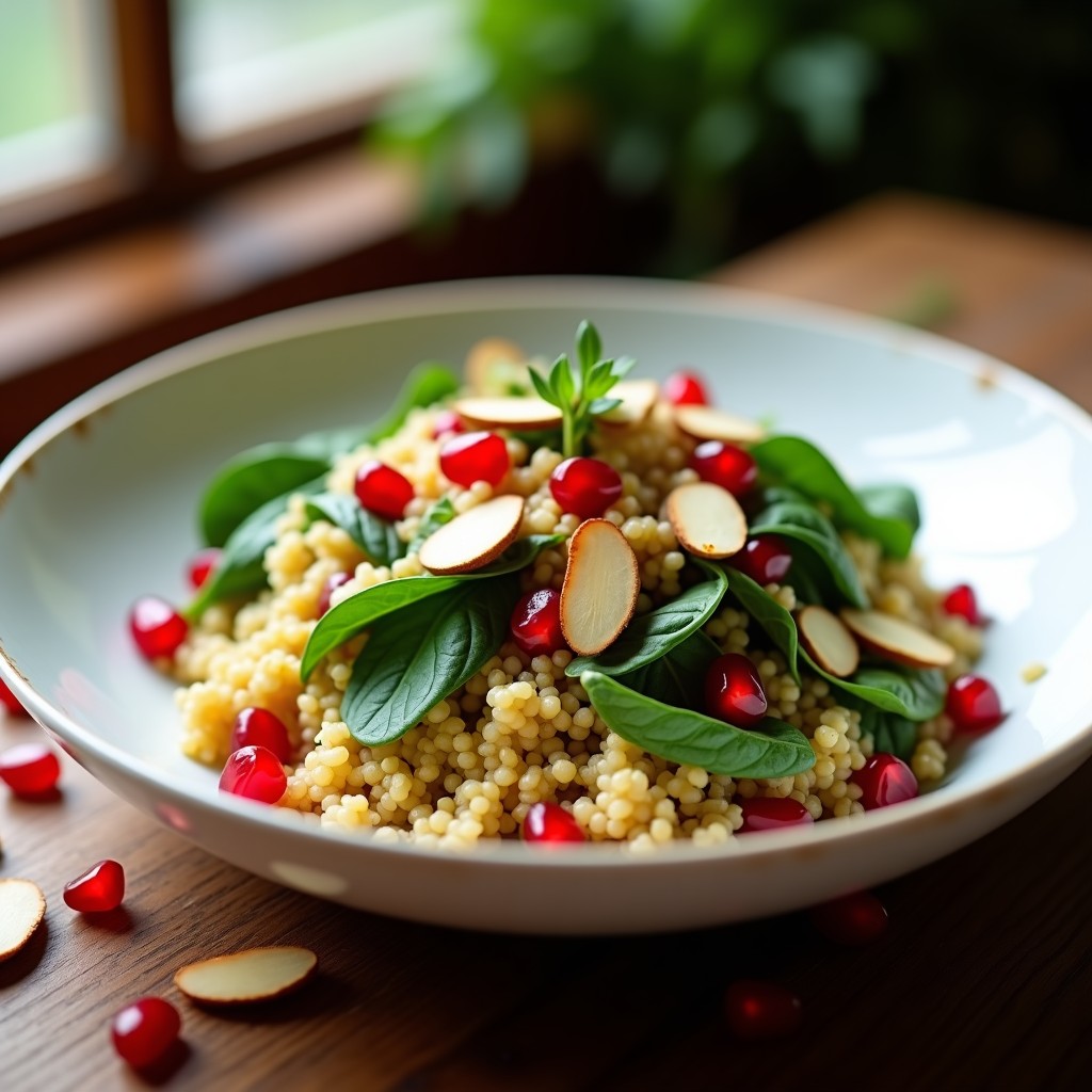 Ensalada fresca de couscous integral con espinacas verdes, semillas de granada rojas y almendras doradas, servida en un bol de cerámica blanca con vinagreta especiada.