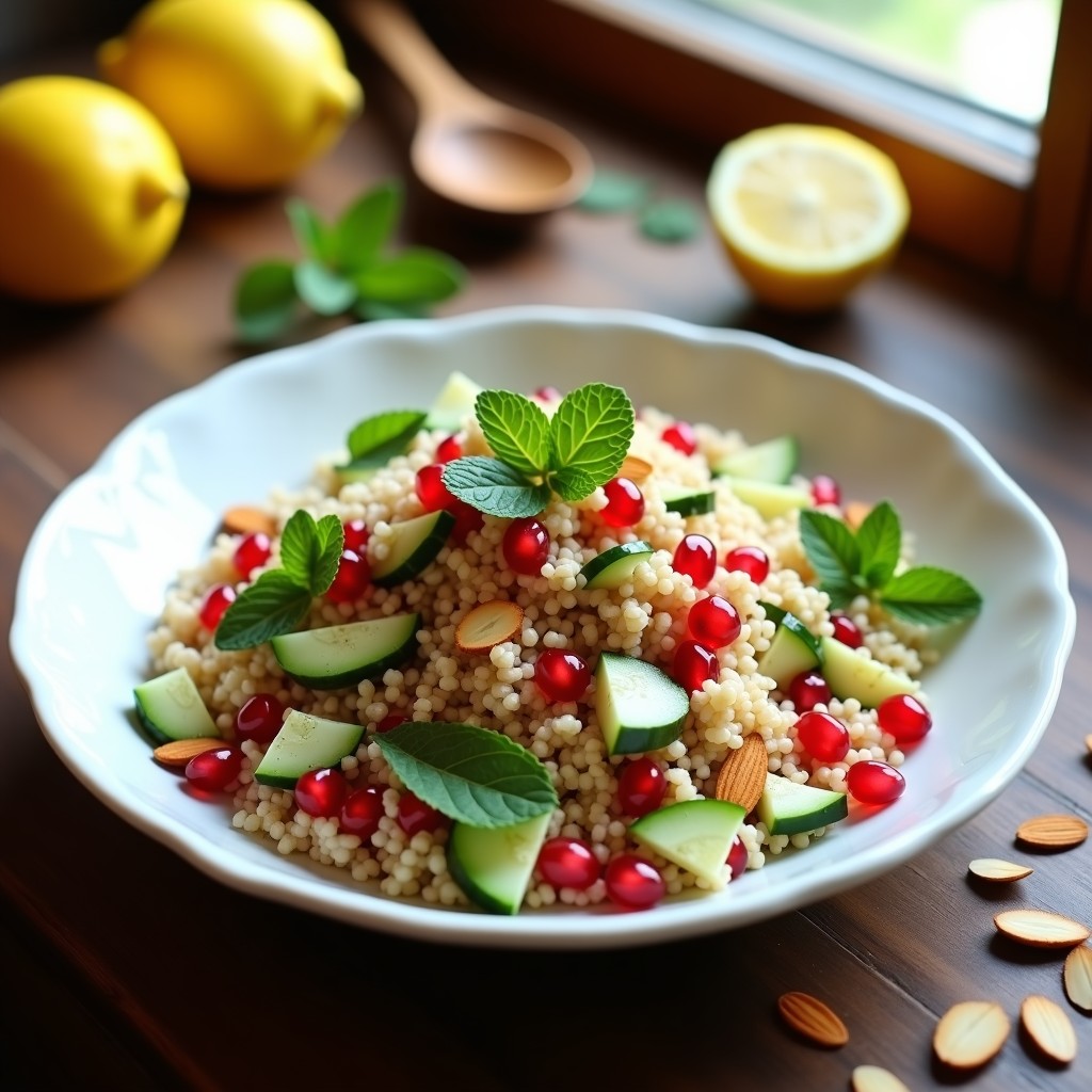 Ensalada fresca de cuscús integral con semillas de granada rojas brillantes, menta verde picada, pepino en cubos y almendras fileteadas, servida en un bol blanco sobre fondo rústico de madera con limones cortados y hojas de menta como decoración.