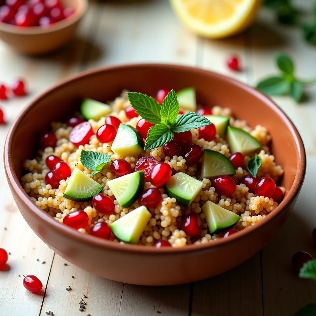 Ensalada fresca de couscous integral con semillas de granada rojas, pepino green, tomates cherry y hojas de menta, servida en un bol de barro con un hilo de aceite de oliva.