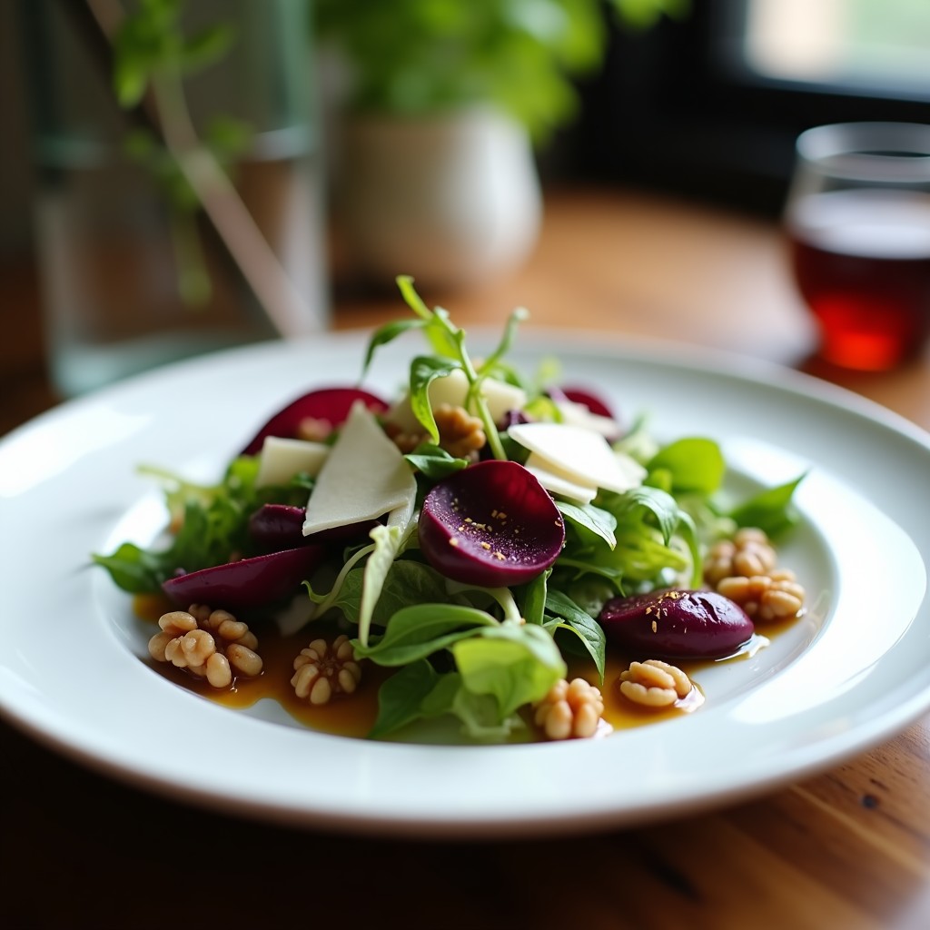 Ensalada crusca italiana con hojas moradas de rádicchio, lechuga romana, nueces tostadas y escamas de parmesano, servida en un plato blanco con aliño de vinagre balsámico y miel.
