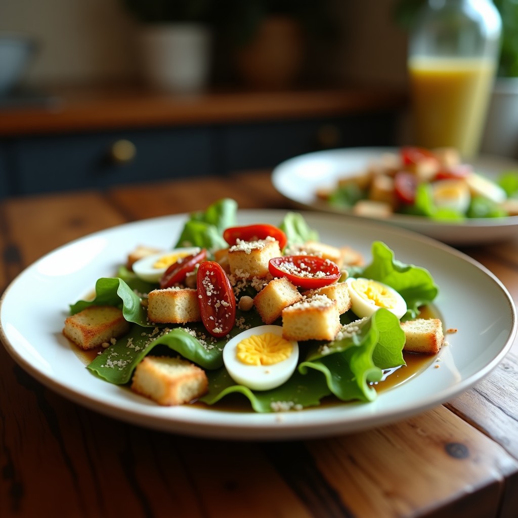 Ensalada crusca romana ahumada en plato blanco, con lechuga romana fresca, croutons dorados, huevo duro, tomates secos y queso parmesano rallado, servida con aliño balsámico.