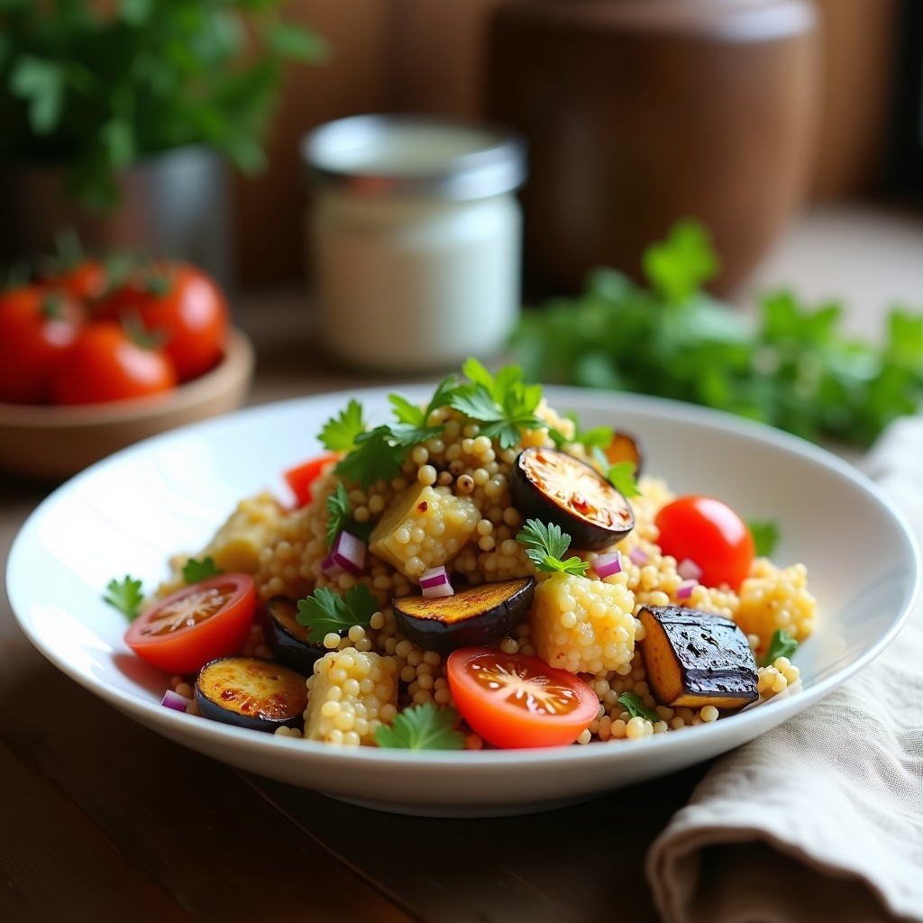 Ensalada colorida de cuscús integral con berenjena ahumada dorada, tomates cherry rojos, cebolla morada, perejil fresco y pistachos tostados, servida en un bol de cerámica blanca sobre fondo rústico.