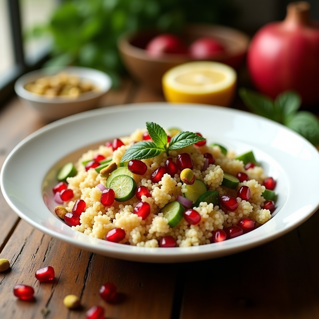 Ensalada fresca de cuscús integral con semillas de granada rojas, pistachos tostados dorados y menta verde, servida en un bol de cerámica blanca sobre fondo rústico.