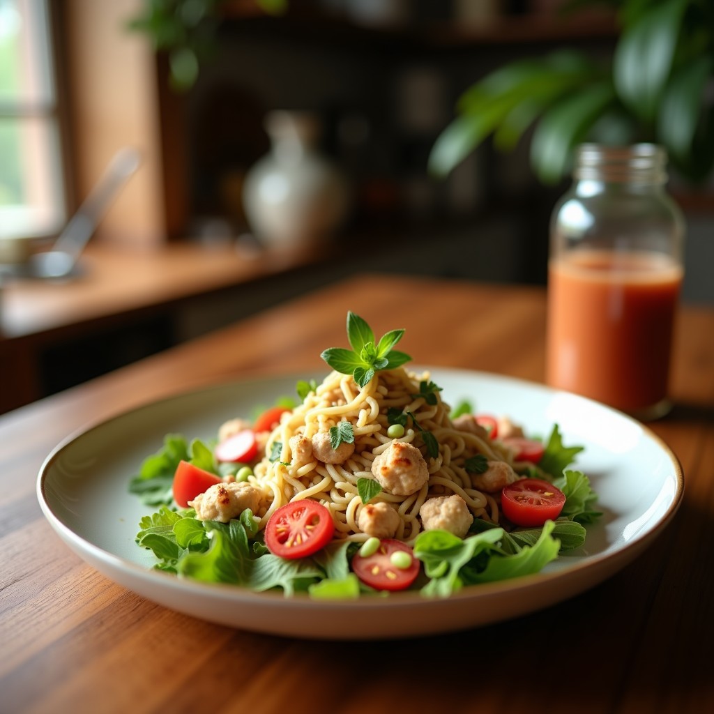Ensalada fresca de cuscús integral con trozos de atún, tomate cherry, pepino y cebolla morada, aliñada con aceite de oliva y limón, servida en un bol blanco sobre fondo de madera rústica.