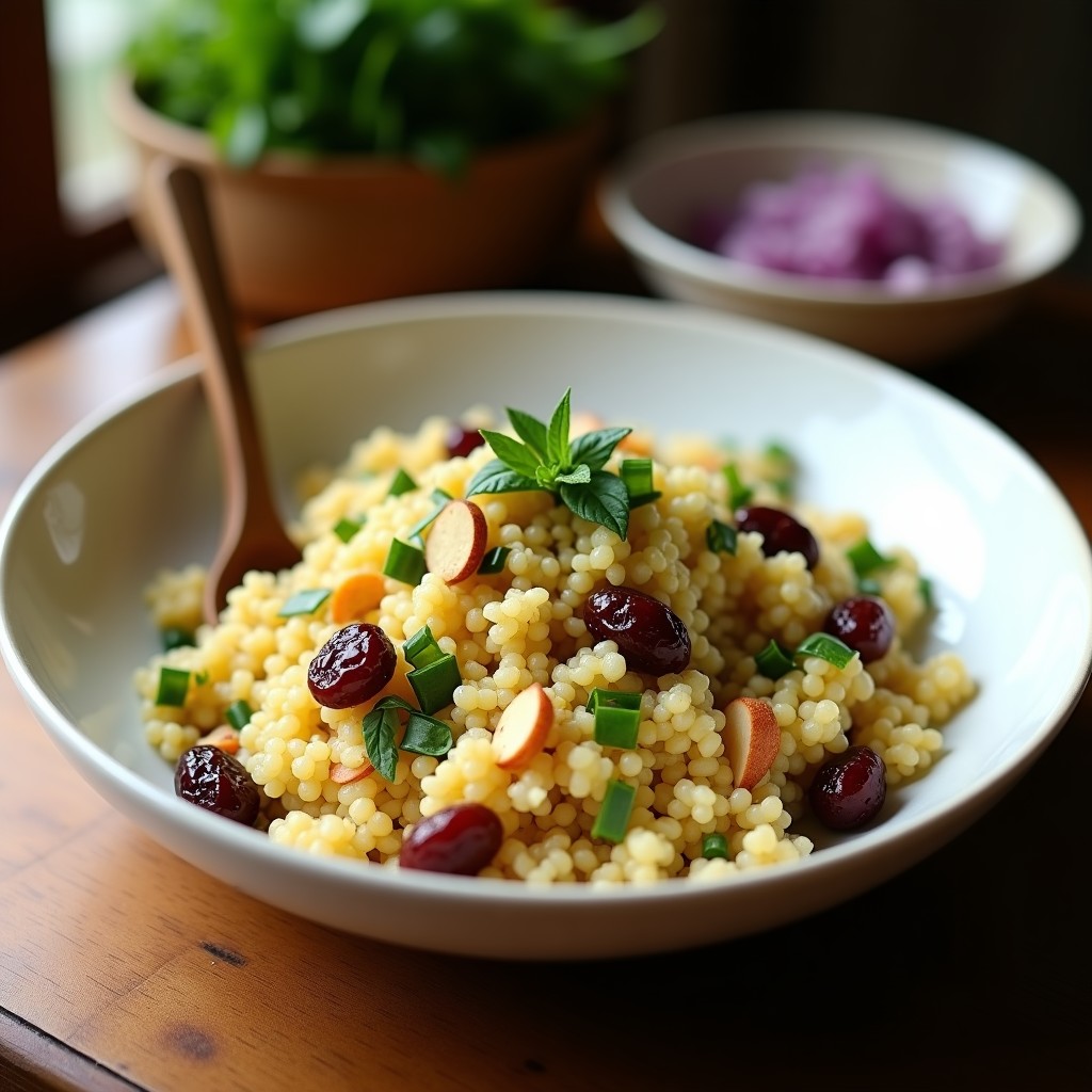 Ensalada de cuscús marroquí en bol de cerámica blanca con pasas doradas, almendras tostadas, cebolla morada y hierbas frescas, servida con cuchara de madera.
