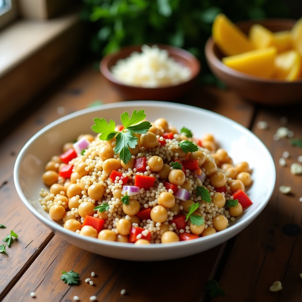 Ensalada de cuscús marroquí vegana en un bol de cerámica blanca, con garbanzos, pasas doradas, cebolla morada, pimiento rojo y semillas de sésamo, decorada con perejil fresco.