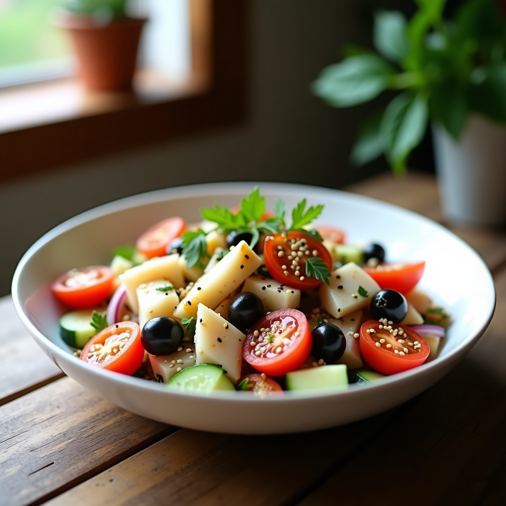 Ensalada fresca de cuscús integral con merluza ahumada en láminas, tomate cherry, pepino, cebolla morada y semillas de sésamo, servida en un bol blanco sobre fondo rústico.