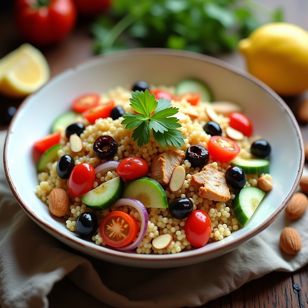 Ensalada colorida de cuscús moruno con trozos de pollo ahumado, pimiento rojo, pepino, cebolla morada y tomates cherry, decorada con cilantro fresco y almendras fileteadas.