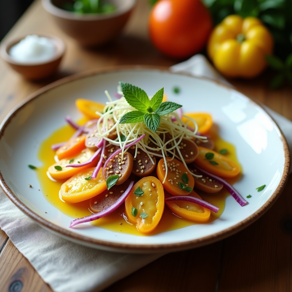 Ensalada de Edgar con rodajas finas de tubérculo andino, cebolla morada, pimiento amarillo y brotes de alfalfa, bañada en una vinagreta dorada de granadilla, decorada con semillas de sésamo y hojas de huacatay sobre un plato blanco rústico.