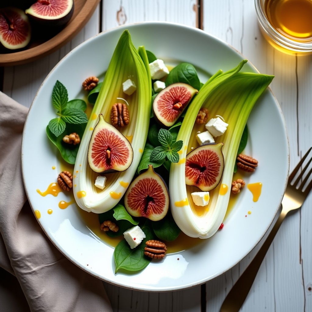 Ensalada belga de endibias cortadas en cuartos sobre plato blanco, rellenas de queso de cabra desmenuzado, higos abiertos en flor, nueces pecanas tostadas y vinagreta dorada de higos. Decorada con hojas de menta fresca y ralladura de naranja.