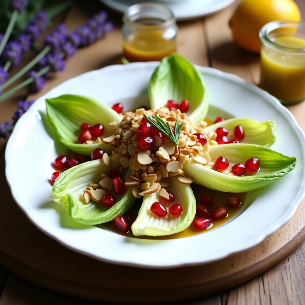 Plato blanco ovalado con ensalada de endibias frescas, granos de granada rojos brillantes, queso de cabra desmenuzado y nueces pecanas tostadas, bañada con vinagreta de mostaza. Receta francesa sin cocinar, elegancia y colorido.