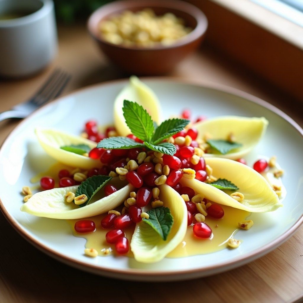 Ensalada francesa de hojas de endibia fresca, semillas de granado rojas vibrantes y vinagreta cremosa de aceite de pistacho, decorada con menta y pistachos picados sobre un plato blanco rústico.
