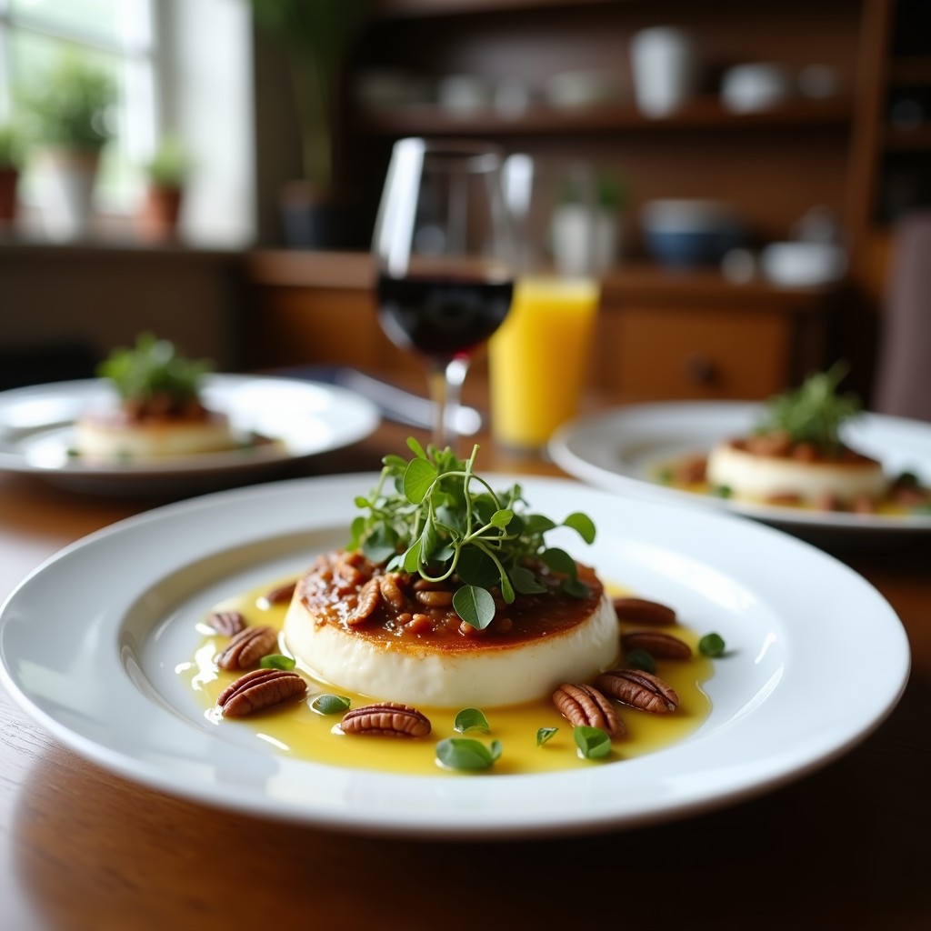 Ensalada francesa gourmet con hojas de endibia asadas, queso de cabra gratinado derritiéndose, nueces tostadas y cubos de pan crujiente, servida en plato blanco rústico con vinagreta brillante.