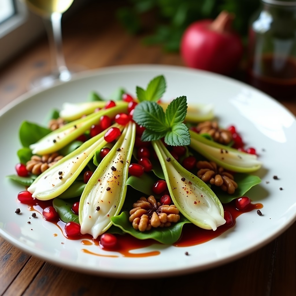 Ensalada gourmet de hojas de endibias blancas y alargadas, láminas de queso de oveja curado, nueces doradas tostadas y semillas de granado rojas vibrantes. Bañada con una vinagreta dorada y decorada con hojas de menta fresca y cebollino picado, servida en una fuente de cerámica blanca sobre un mantel de lino.