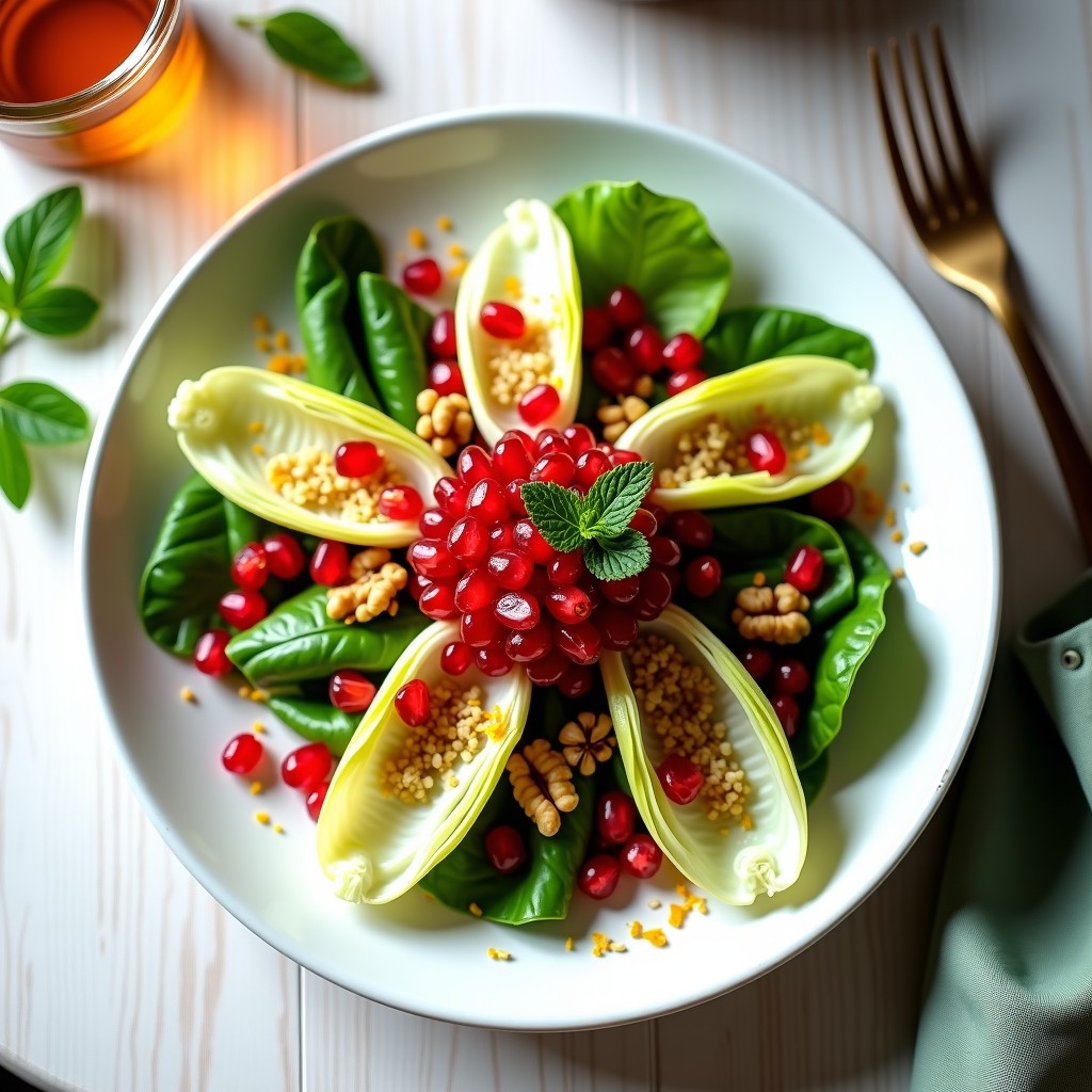 Ensalada francesa de hojas de endibia blancas y crujientes, coronadas con nueces tostadas doradas y semillas de granado rojas brillantes, bañadas en una vinagreta ligera. Decorada con cebollino y hojas de menta fresca sobre un plato blanco rústico.