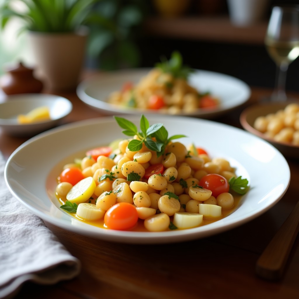 Ensalada francesa fresca de hojas de endibia blanca con gajos de naranja sanguina, vinagreta dorada de mostaza y naranja, avellanas tostadas picadas y cebollino fresco, servida en plato blanco sobre fondo de madera rústica.