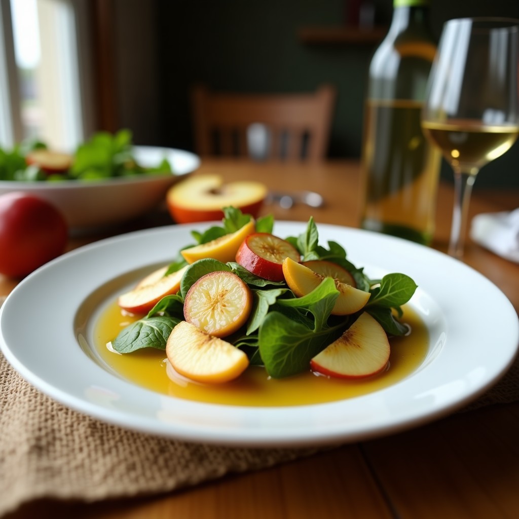 Ensalada francesa baja en calorías con hojas de endivia blancas y moradas, láminas de manzana verde Granny Smith, nueces tostadas y vinagreta de sidra brillante, servida en fuente de porcelana blanca sobre mesa rústica.