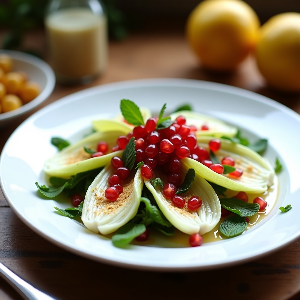 Ensalada francesa detox en plato blanco ovalado: hojas de endivias belgas frescas, semillas de granada rojas brillantes y nuez moscada rallada, con vinagreta de vinagre de manzana. Decorada con hojas de menta y cebollino.