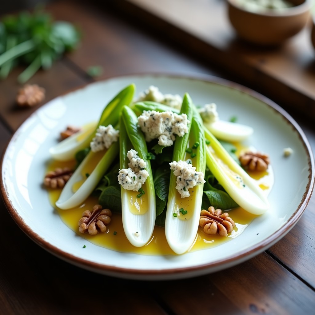 Ensalada francesa keto con hojas de endivia belga en forma de barquito, trozos de queso azul vegano cremoso, juliana de manzana verde, apio y semillas de girasol tostadas, servida en plato blanco con vinagreta dorada.
