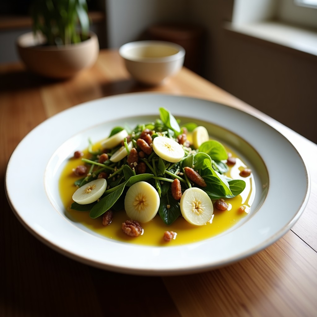 Ensalada fresca de endivias belgas cortadas en cuartos, láminas de queso de oveja curado, nueces tostadas picadas y cebollino fresco, con vinagreta de sidra brillante. Plato blanco rústico sobre fondo de madera clara.