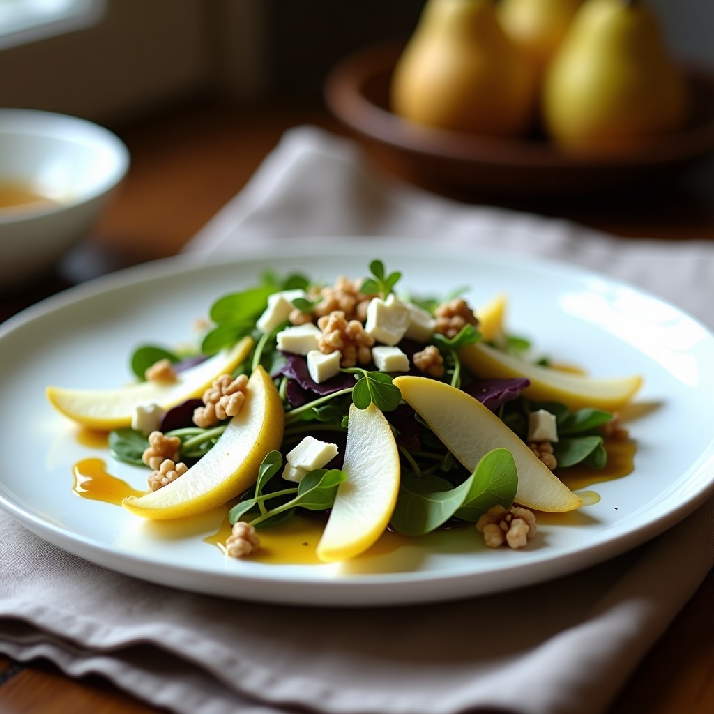 Ensalada francesa elegante con hojas de endibia blancas y moradas, gajos de pera dorada, trozos de queso azul Fourme d’Ambert y nueces tostadas, servida en plato blanco con vinagreta de nueces brillante.