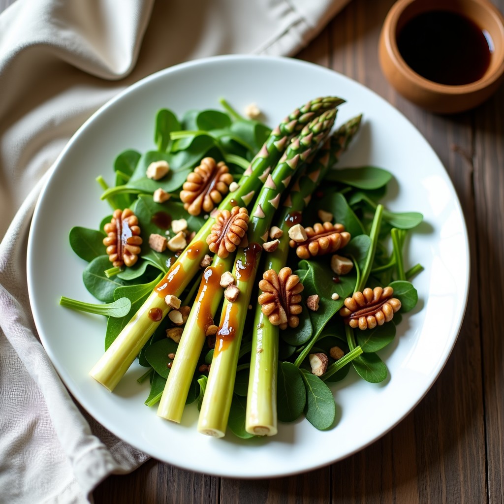 Ensalada italiana light de espárragos blancos al vapor con nueces tostadas, rúcula baby y vinagreta brillante de vinagre de Módena, servida en plato blanco con cebollino picado y un fondo rústico.