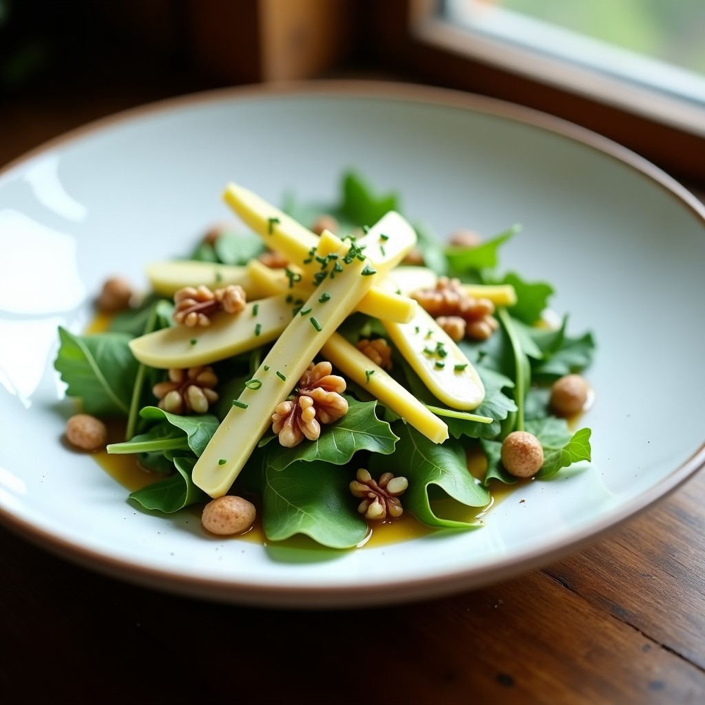 Ensalada alemana vegana y crudivegana de espárragos blancos en rodajas finas, nueces de Noguera troceadas, manzana verde en juliana y rúcula baby, servida en fuente blanca con vinagreta de mostaza y semillas de amapola espolvoreadas.