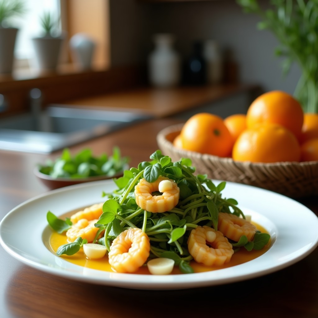 Plato blanco alargado con ensalada de espárragos verdes blanqueados dispuestos en abanico sobre una base de rúcula baby, gajos de naranja sanguina, almendras fileteadas tostadas y cebollino picado, bañados con vinagreta dorada de naranja y azafrán. Presentación elegante y gourmet.