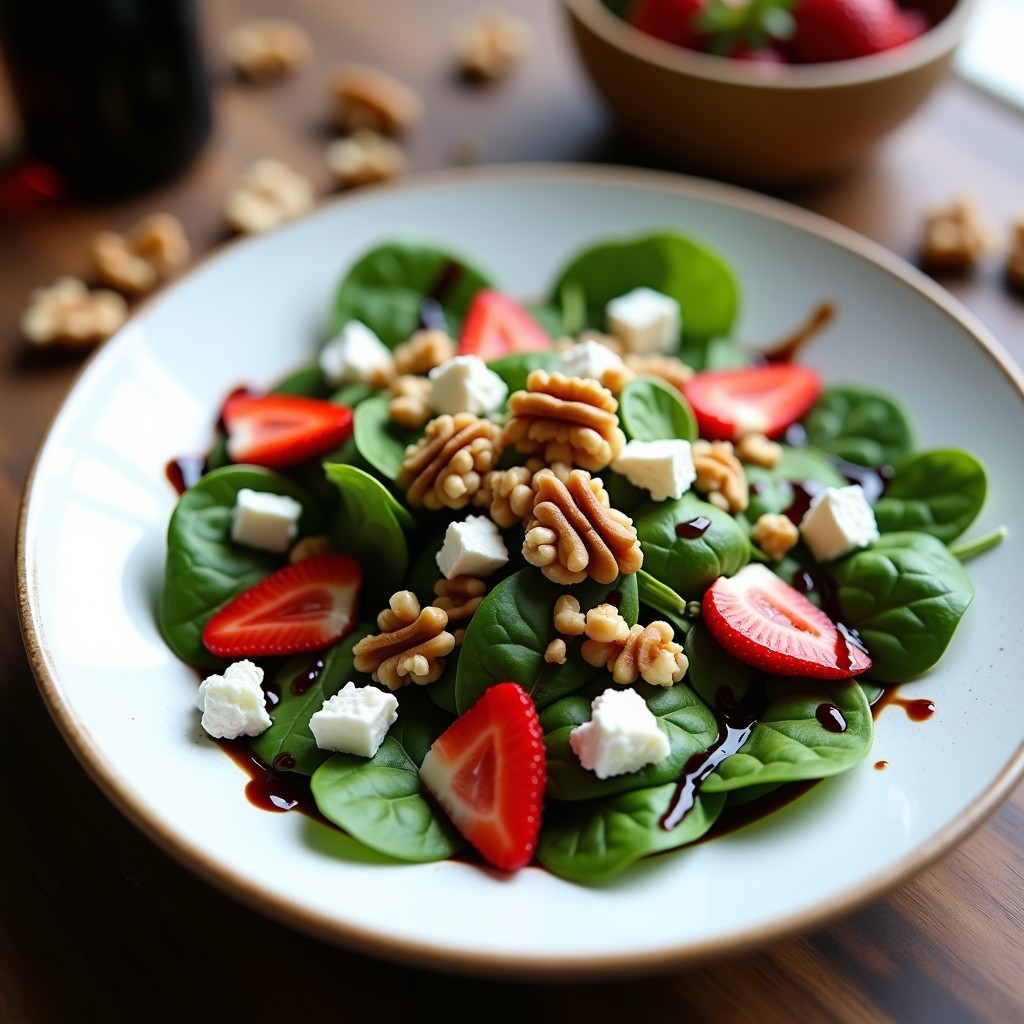 Ensalada fresca de espinacas baby con láminas de fresas rojas, queso de cabra desmenuzado y nueces tostadas, bañada con aliño de vinagre balsámico glacé y aceite de oliva, servida en plato blanco rústico.