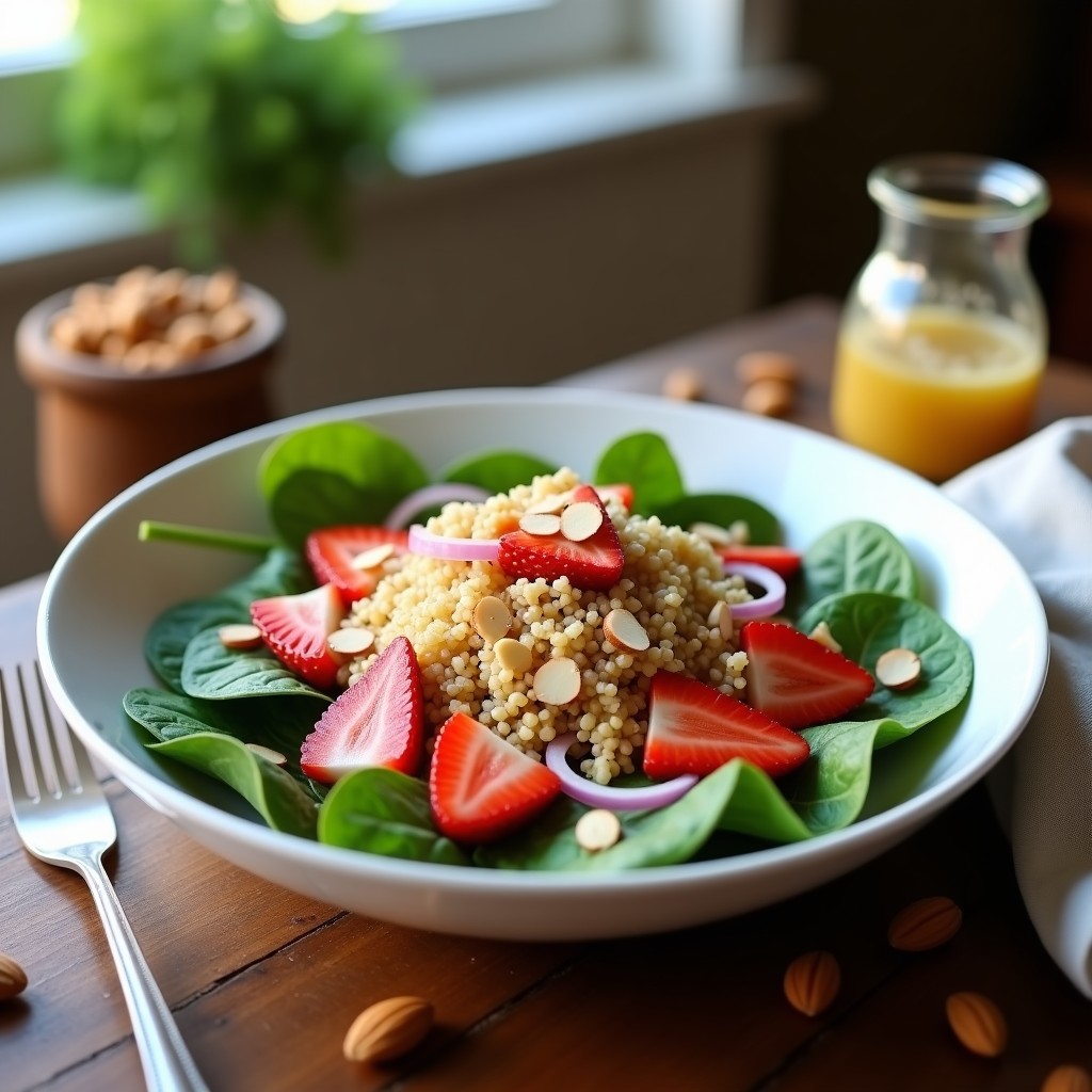 Ensalada fresca de espinacas verdes con fresas rojas en láminas, quinoa cocida y almendras fileteadas, servida en un bol blanco con aderezo de miel y mostaza.