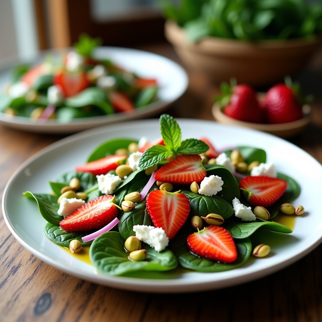 Ensalada vibrante de espinacas frescas, fresas en rodajas, queso de cabra desmenuzado y cebolla morada, coronada con pistachos tostados y hojas de menta. Servida en un plato blanco con vinagreta de pistacho brillante.