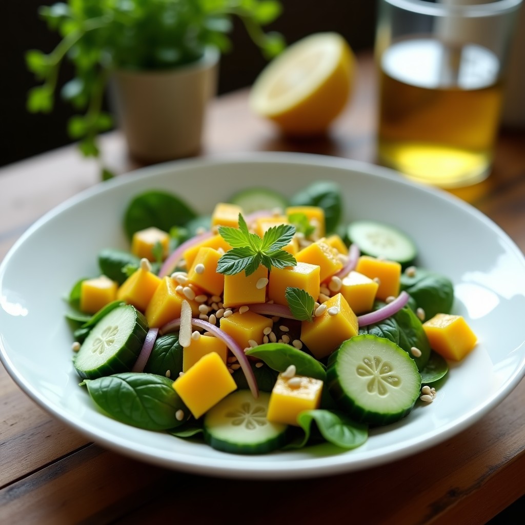 Ensalada vibrante de espirulina y mango con aderezo de limón y jengibre, servida en bol blanco sobre fondo de madera. Incluye canónigos, rábanos, cebolla morada, pistachos y cilantro fresco.