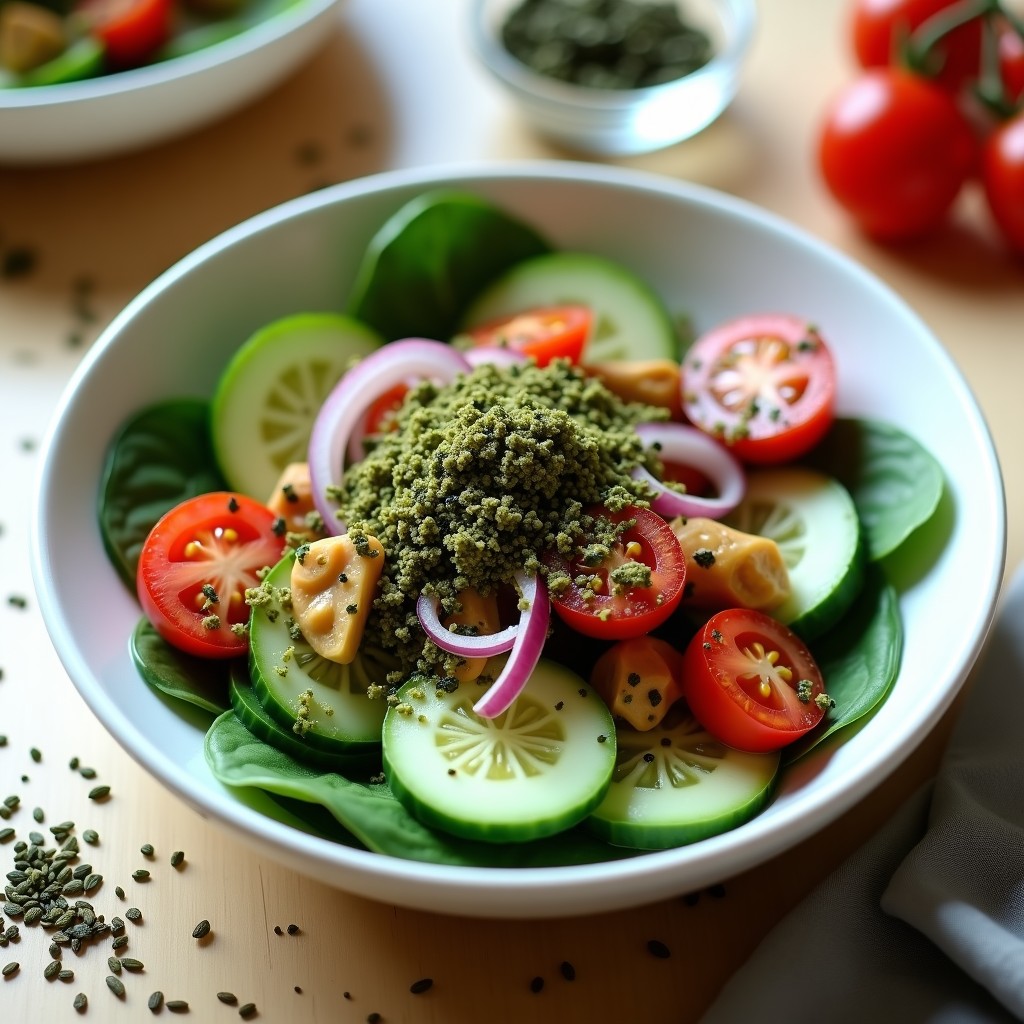 Ensalada crudivegana colorida en bol de cerámica blanca: base de espinacas baby, rodajas de pepino, tomates cherry cortados, cebolla morada en juliana, espolvoreada con espirulina en polvo y semillas de sésamo negro. Vinagreta de tahini y jengibre brilla sobre los ingredientes. Fondo de madera clara con semillas de sésamo y algas nori esparcidas.