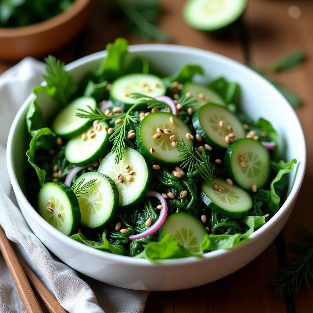 Ensalada fresca de espirulina crespa verde oscura y rodajas de pepino persa en un bol de cerámica blanca, coronada con semillas de sésamo tostadas y aderezo cremoso de yogur de soja y eneldo. Plato colorido y alto en proteína.