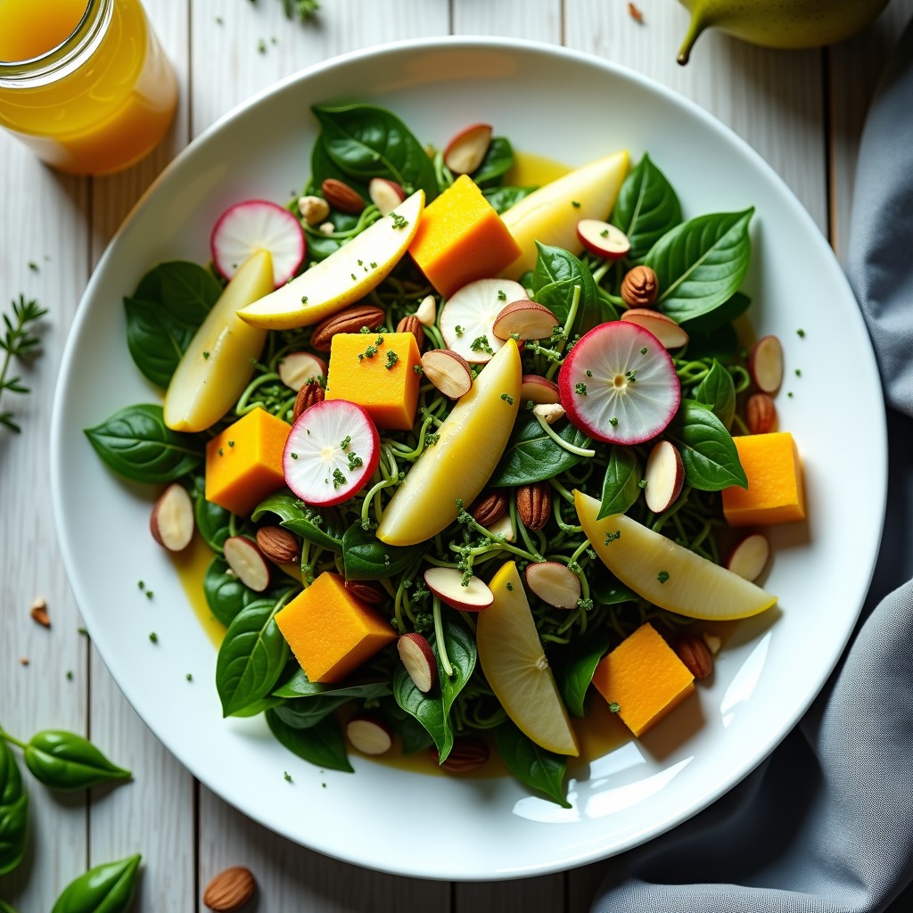 Ensalada antiinflamatoria en plato blanco de cerámica, con láminas de pera Williams, cubos de queso de cúrcuma dorado, brotes de rábano rojos, almendras tostadas y espirulina esparcida. Vinagreta brillante de mostaza y miel al fondo.