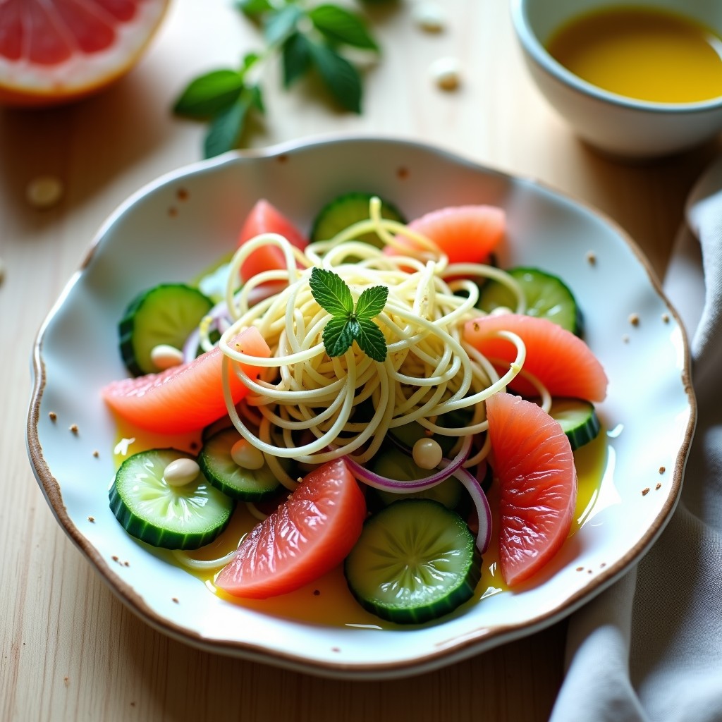 Ensalada fresca de espirulina, pomelo rosa y pepino en rodajas, con almendras tostadas y hojas de menta, servida en un bol blanco con aliño de miel y mostaza brillante. Receta superalimentos en 10 minutos.