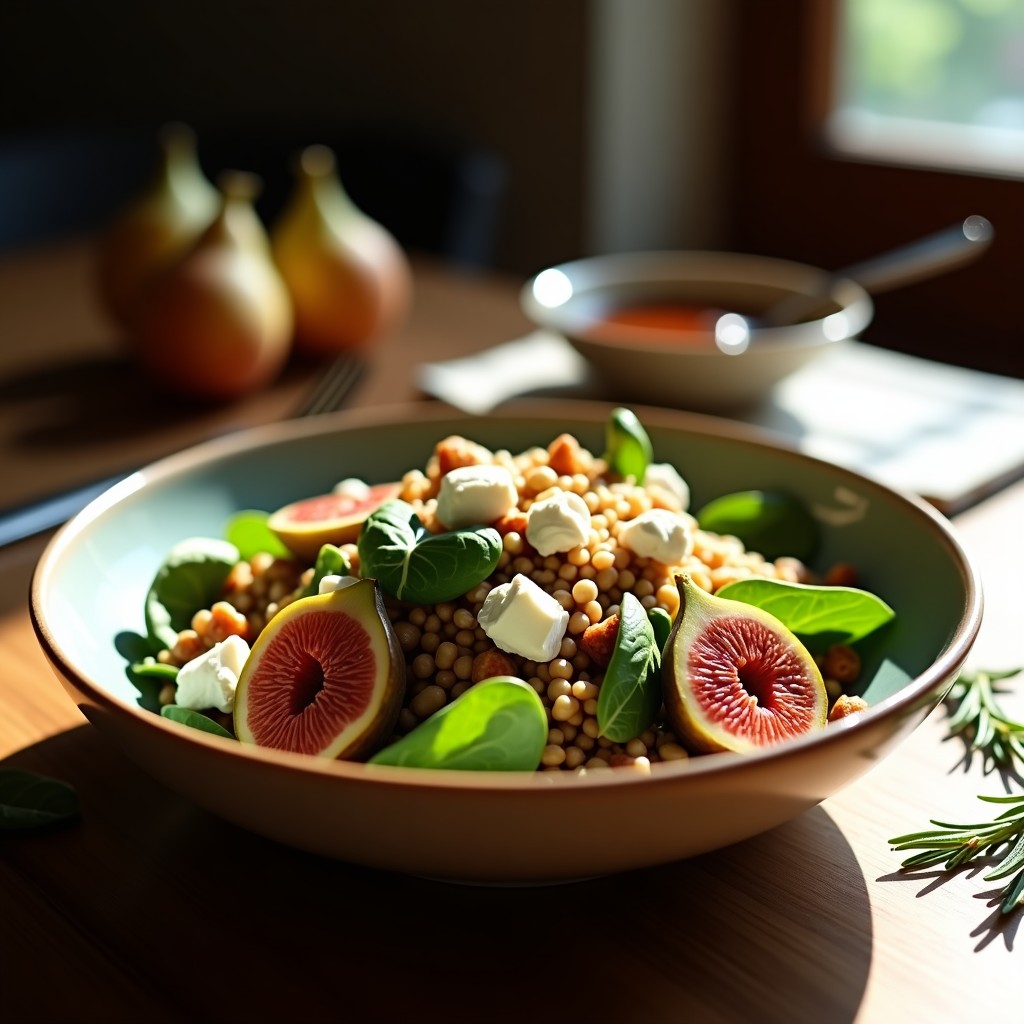 Ensalada de farro perlado con higos asados dorados, queso de cabra desmenuzado, nueces tostadas y espinacas baby, servida en un bol rústico de cerámica con vinagreta de miel y vinagre balsámico. Receta italiana de otoño.