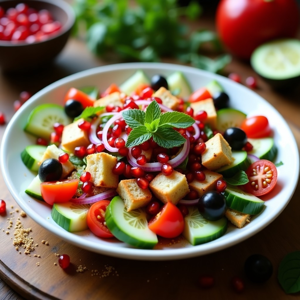 Libanesa Fattoush con Granadas y Vinagreta de Sumac: Ensalada Árabe Vegana Sin Gluten
