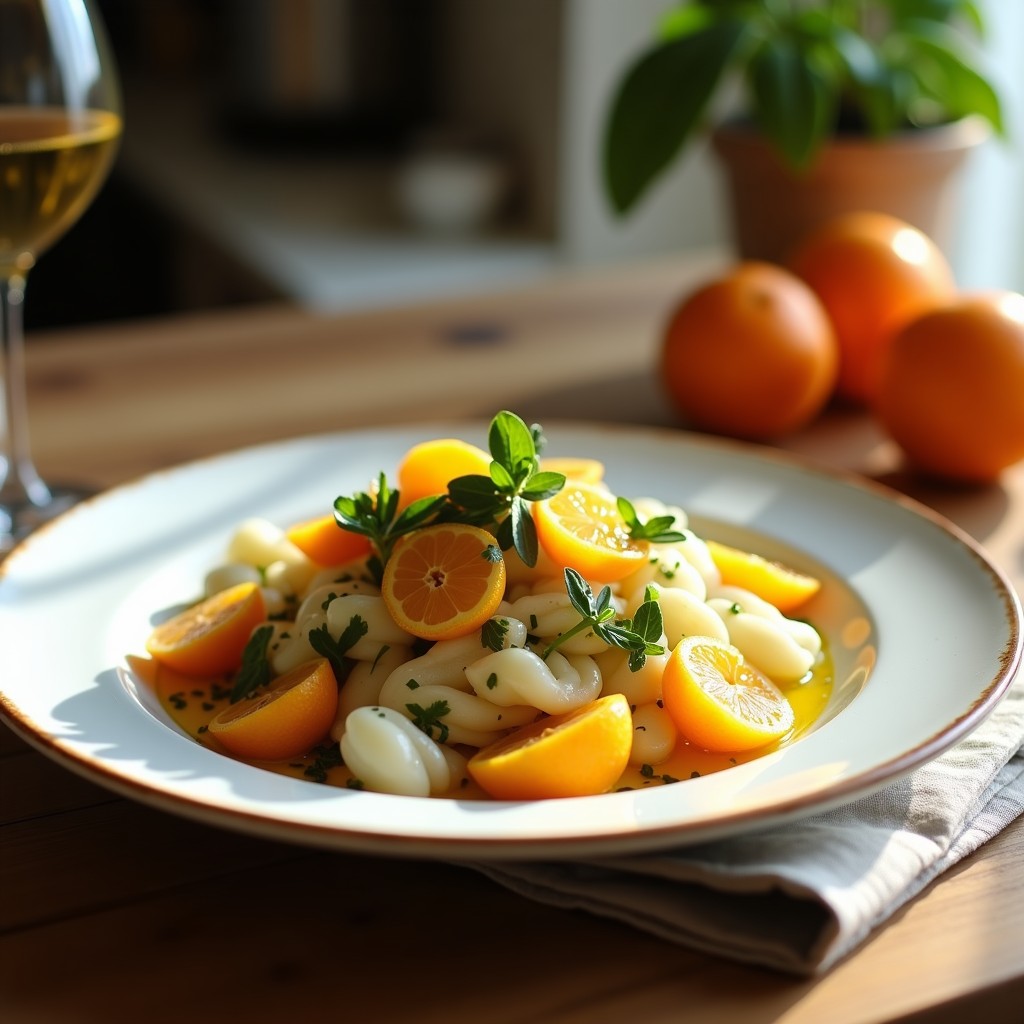 Ensalada persa fresca en plato blanco con hojas de fenogreco verde, gajos de naranja sanguina, semillas de granado rojo y pistachos tostados, bañada en vinagreta de granado y decorada con menta fresca.