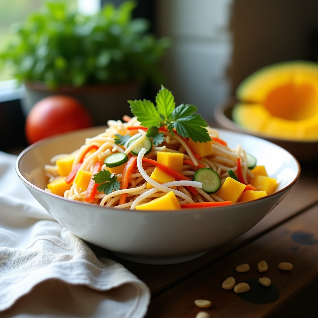 Ensalada tailandesa de fideos de arroz finos con trozos de mango maduro, zanahoria rallada, pepino y cebolla morada en juliana, decorada con cacahuetes tostados y cilantro fresco, servida en un bol blanco sobre fondo rústico.