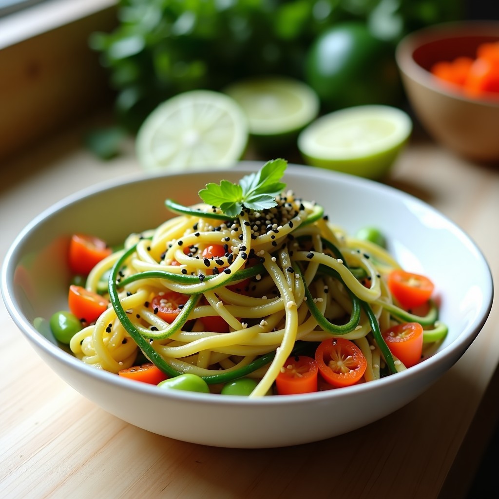 Ensalada fresca de fideos de calabacín espiralizados, edamame verde, zanahoria en juliana, cebolla morada y pimiento rojo, bañada en aderezo cremoso de sésamo y lima. Decorada con semillas de sésamo blanco y negro, cilantro fresco y un chorrito de lima sobre fondo blanco.